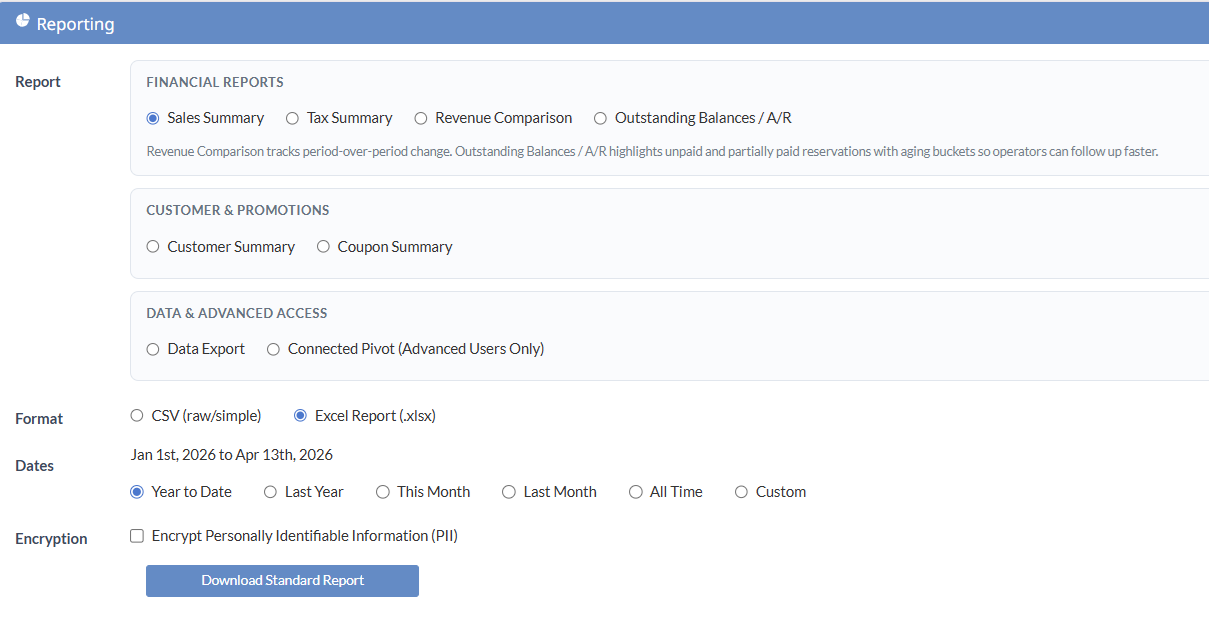 GolfBooking reporting view screenshot